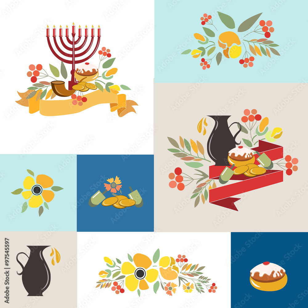 Collection of labels and elements for Hanukkah (Jewish Holiday)