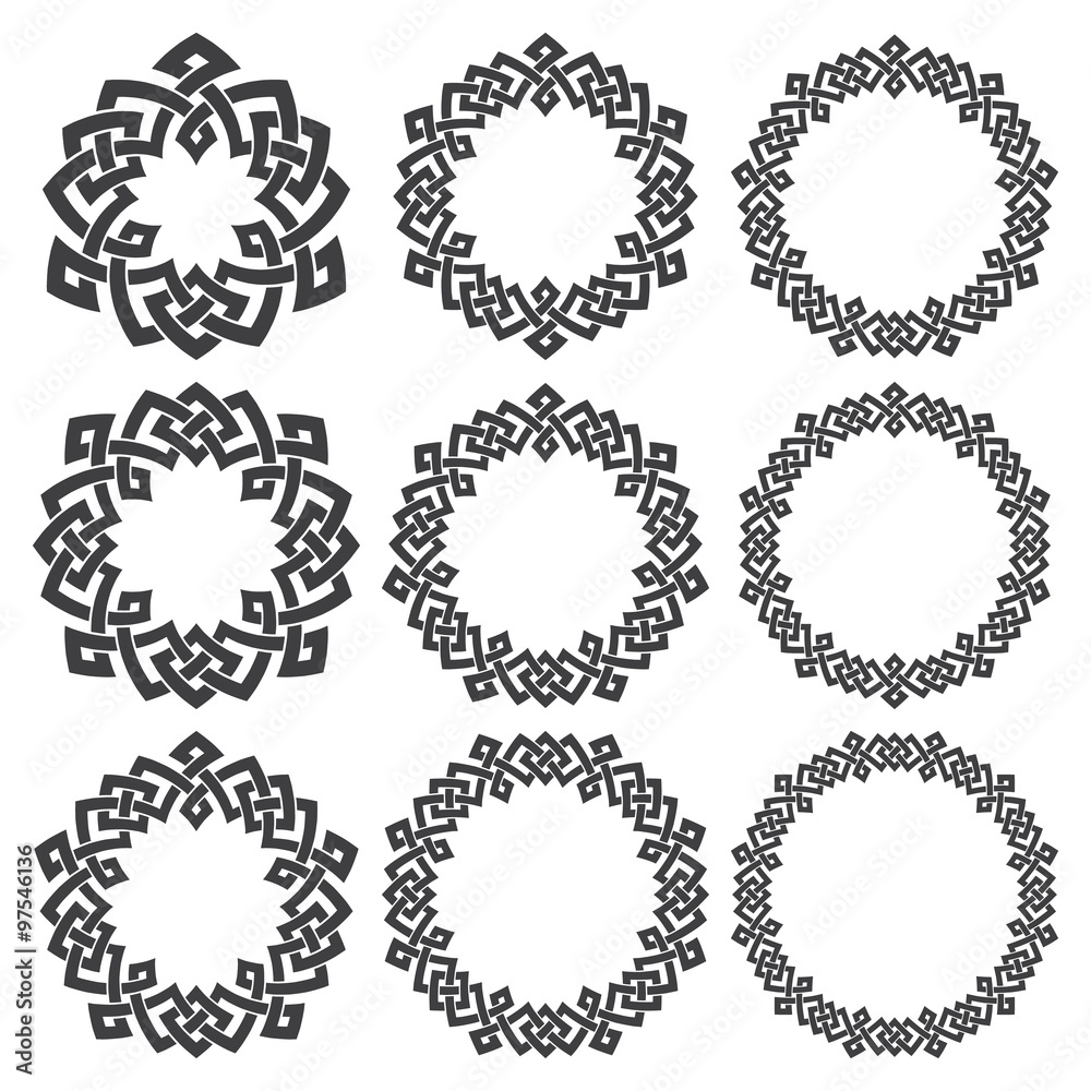 Set of magic knotting circles. Nine decorative logo elements with stripes braiding for your design Set of magic knotting circles. Nine decorative logo elements with stripes braiding for your design