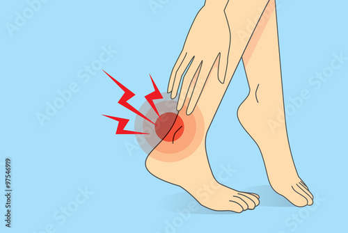Stretch out one's hand to touch the foot because have ankle pain.