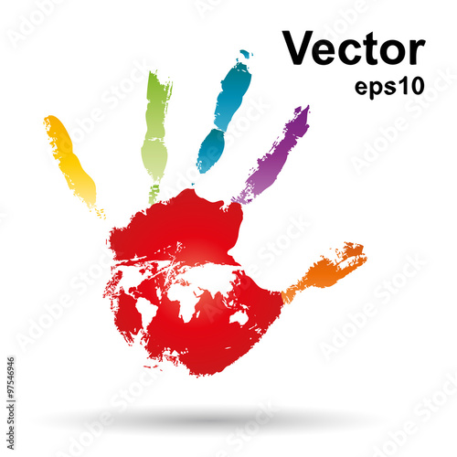 Vector onceptual children painted hand print and map isolated