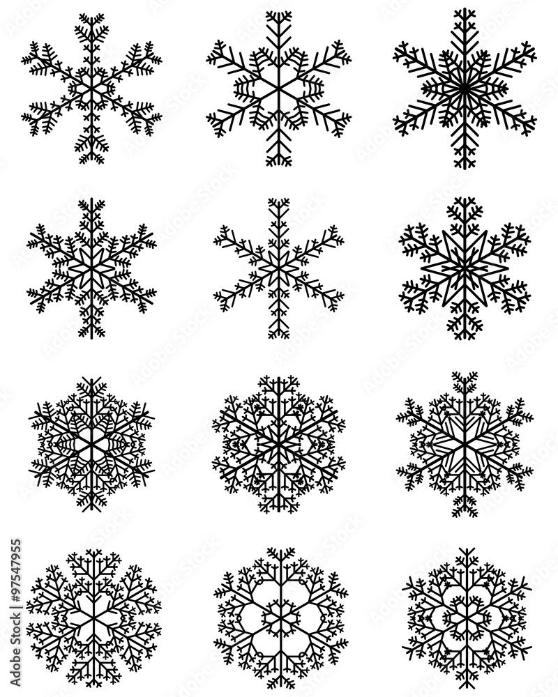 Set of different black snowflakes, vector illustration Set of different black snowflakes, vector illustration