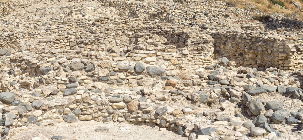 Panorama of Choirokoitia (Khirokitia ) Neolithic Settlement of 7-4-th millennium B.C. with age indicatind tables. World Heritage Site by UNESCO. Cyprus.
