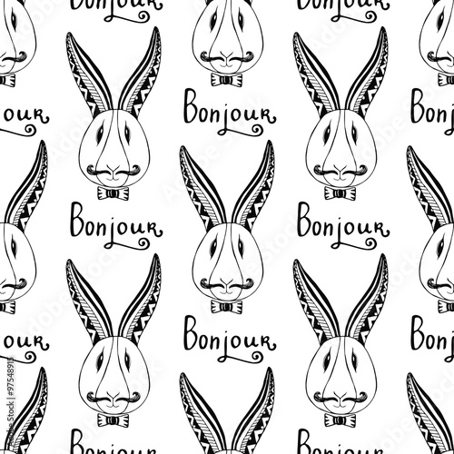 Hipster rabbits seamless pattern. Vector french greeting bunjour hand drawing hipster
