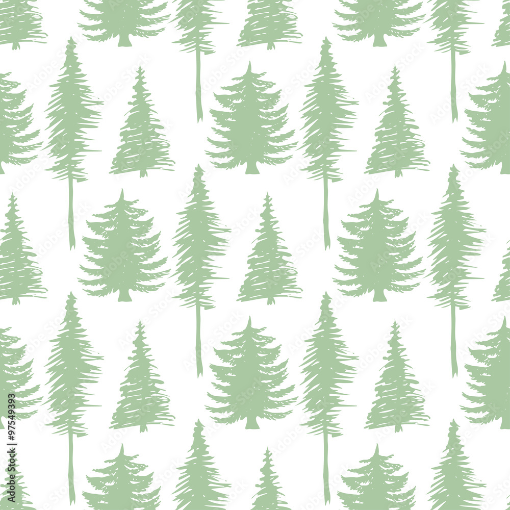 Trees silhouette seamless patten. Vector ecology backdrop.