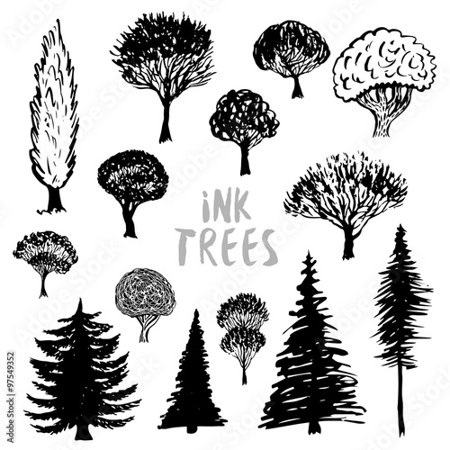 Trees silhouette vector. Inked hand drawn isolated set