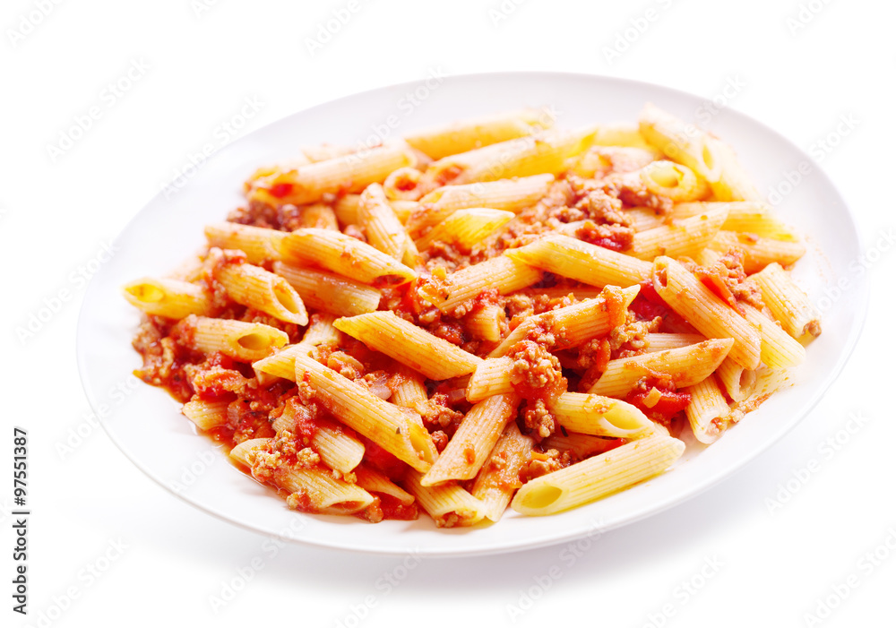 plate of penne pasta bolognese on white background plate of penne pasta bolognese on white background