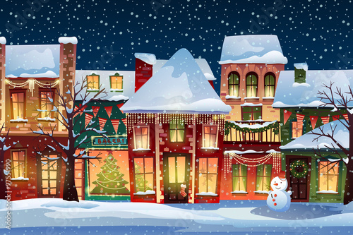 Winter landscape.Christmas background with fairy tale houses. Snowy town at holiday eve.Vector illustration.