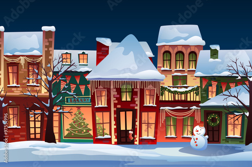 Winter landscape.Christmas background with fairy tale houses. Snowy town at holiday eve.Vector illustration.