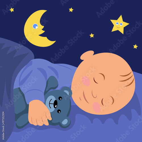 The baby is asleep hugging teddy bear. Vector illustration of a baby sleep