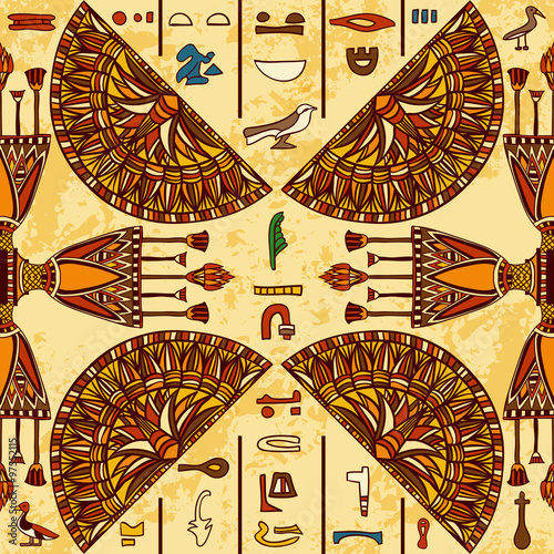 Egypt colorful ornament with ancient Egyptian hieroglyphs on aged paper background,. Vector seamless pattern. Hand drawn illustration