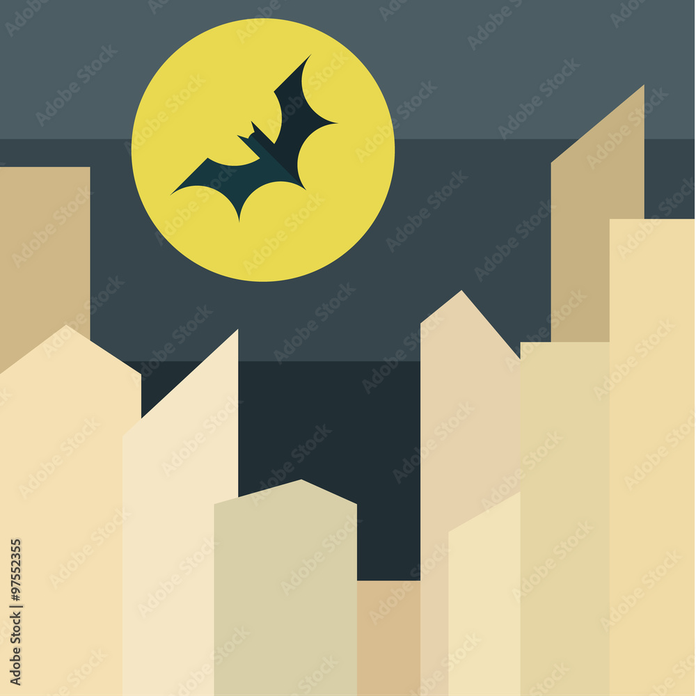 Illustration bat on background the moon over city in style of flat stylized vector