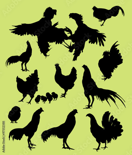 Rooster, hen, and chicken silhouettes
