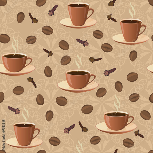 Seamless pattern with cups of coffee  and coffee beans.