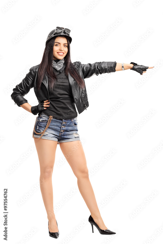 Female biker pointing to the right Female biker pointing to the right