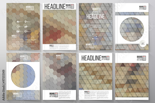 Business templates for brochure, flyer or booklet. Catholic church inside. Collection of abstract multicolored backgrounds. Geometrical patterns. Triangular and hexagonal style vector illustration