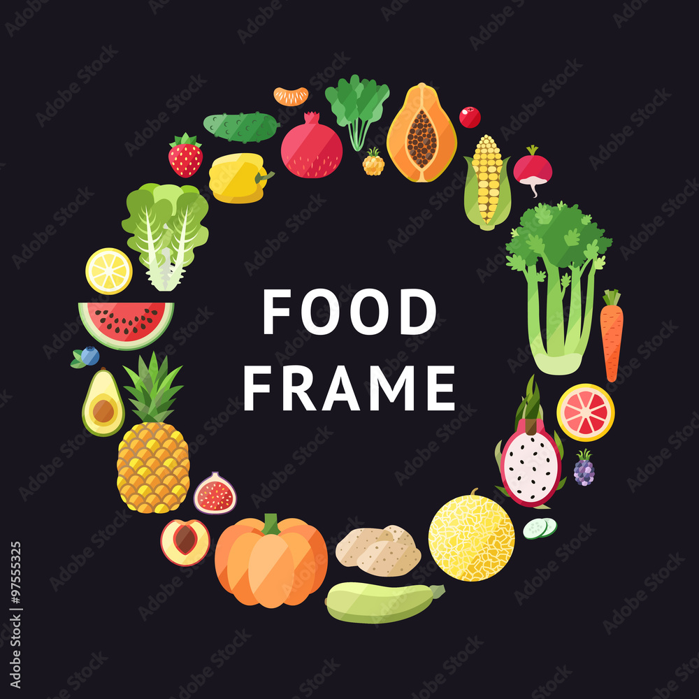 Fruit vector circle frame background. Modern flat design. Healthy food ...