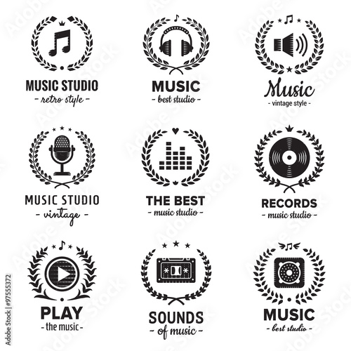 Music studio logos with wreaths vintage vector set. Hipster and retro style. Perfect for your business design.