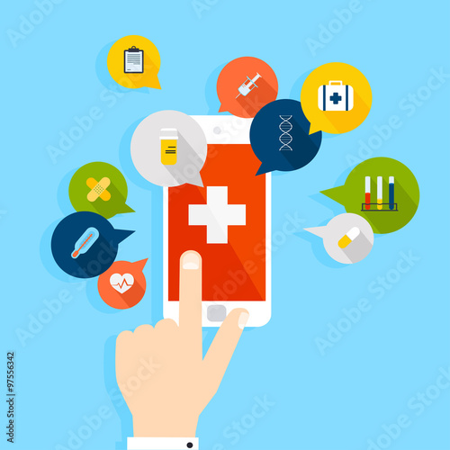 Mobile phone with health application open with hand. Vector mode