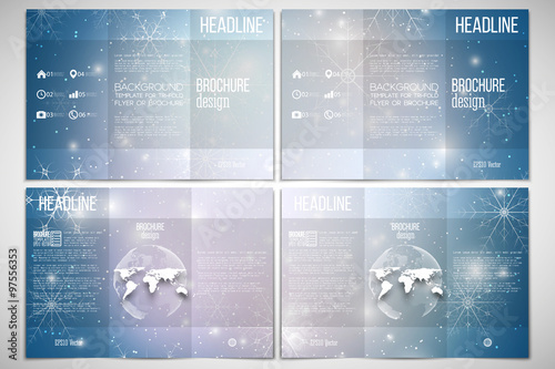 Set of tri-fold brochure design template on both sides with world globe element. Blue abstract winter background. Christmas vector style
