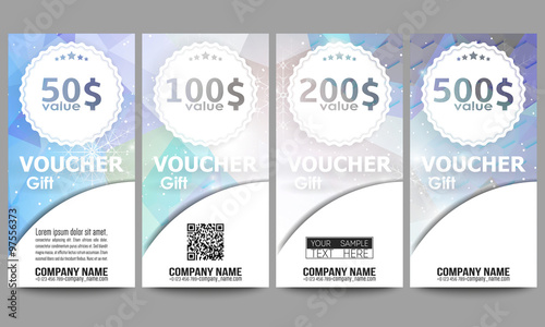 Set of modern gift voucher templates. Blue abstract winter background. Christmas vector style with snowflakes