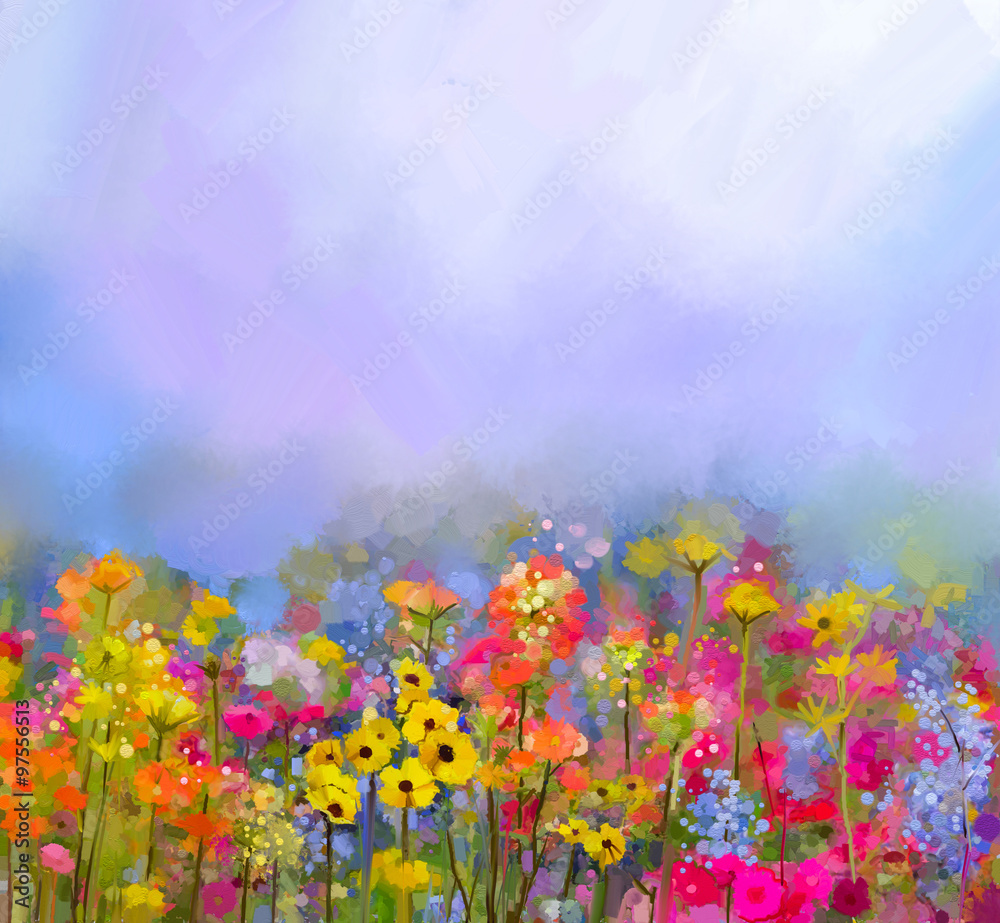 Abstract art oil painting of summer-spring flowers. Cornflower, daisy flower in fields. Meadow landscape with wildflower, Purple-blue Sky color background. Hand Paint floral Impressionist style