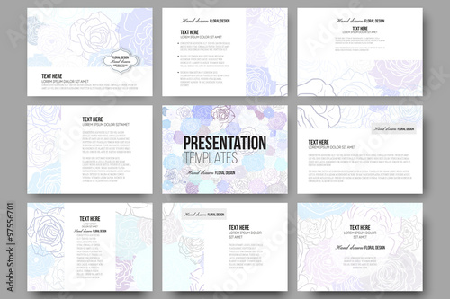Set of 9 templates for presentation slides. Hand drawn floral doodle pattern, abstract vector background