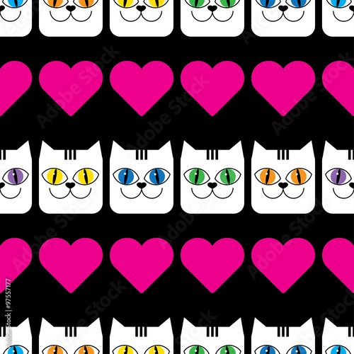 Seamless vector background with decorative cats and hearts