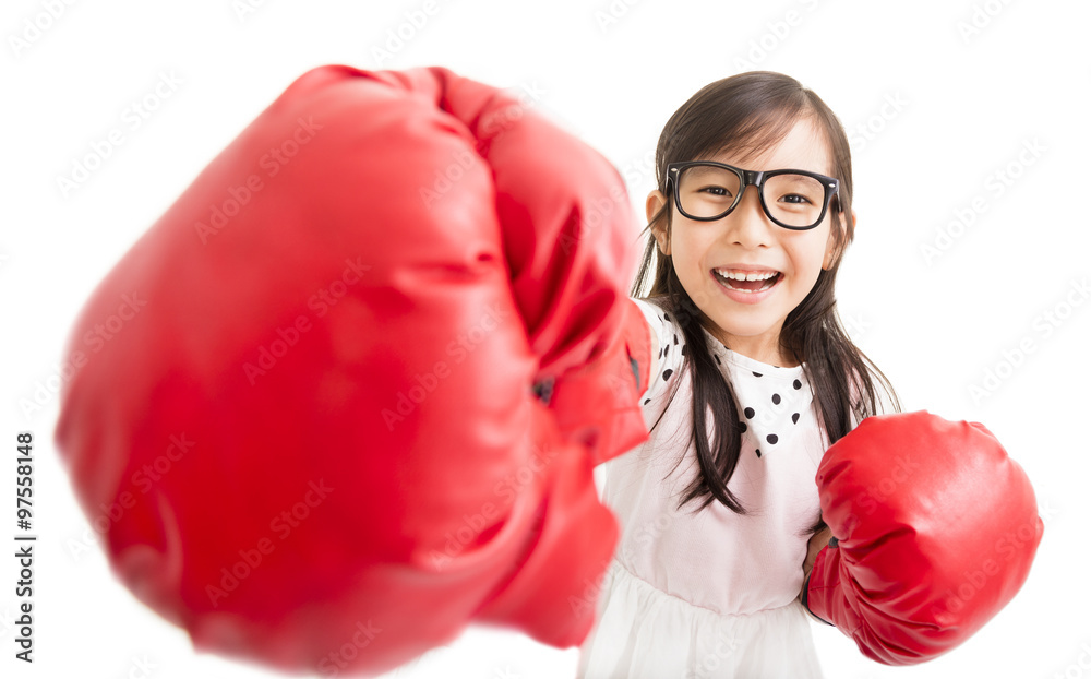 happy little girl with red boxing gloves happy little girl with red boxing gloves
