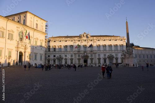Piazza Montecitorio in Rome, view of Quirinal Palace, Palazzao della Consulta and obelisk with people on the square