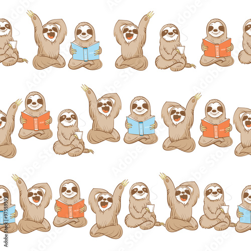 Vector seamless pattern with cute cartoon  sloth  on white   background.