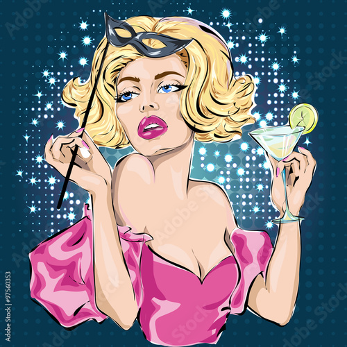 Pop art Christmas woman with martini on carnival