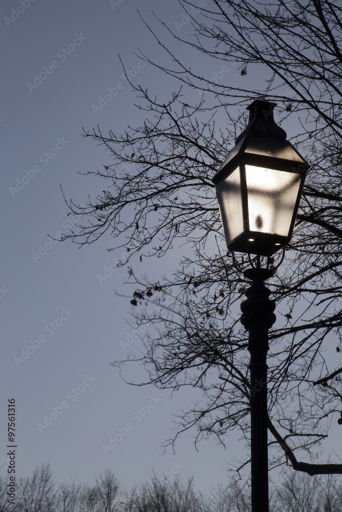 Old street lamp on a background of dramatic dark blue sky and tree in winter, Backlight. Highlights sun Old street lamp on a background of dramatic dark blue sky and tree in winter, Backlight. Highlights sun