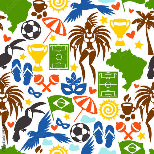 Brazil seamless pattern with stylized objects and cultural symbols