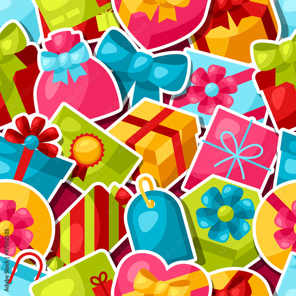 Seamless celebration pattern with colorful sticker gift boxes