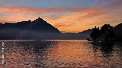 Colorful evening sky over Mt Niesen and lake Thun