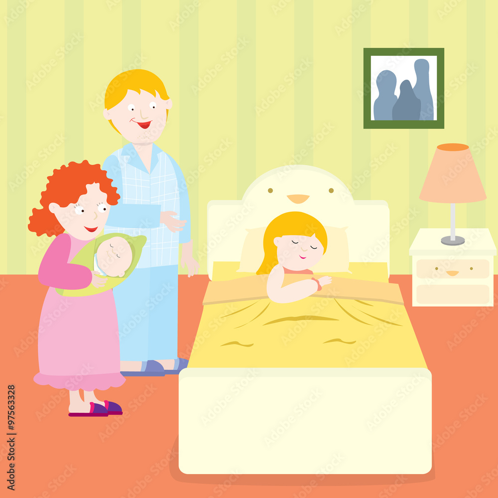 The parents are saying goodnight to their daughter. The parents are saying goodnight to their daughter.