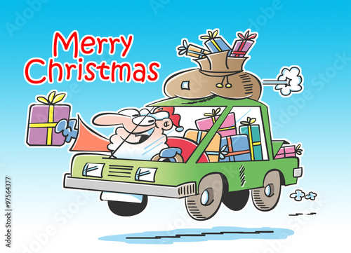 Santa Claus driving in a car with a sack of presents on the roof of the car