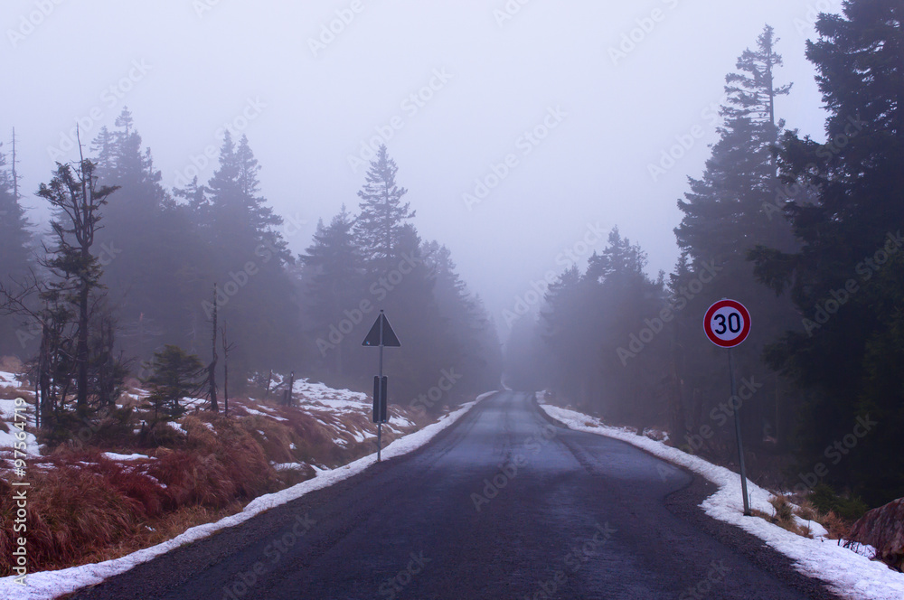 Car road in fog on a windy winter day in National park Harz, Germany