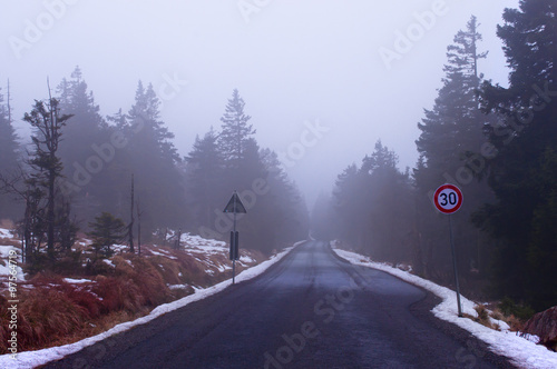 Car road in fog on a windy winter day in National park Harz, Germany
