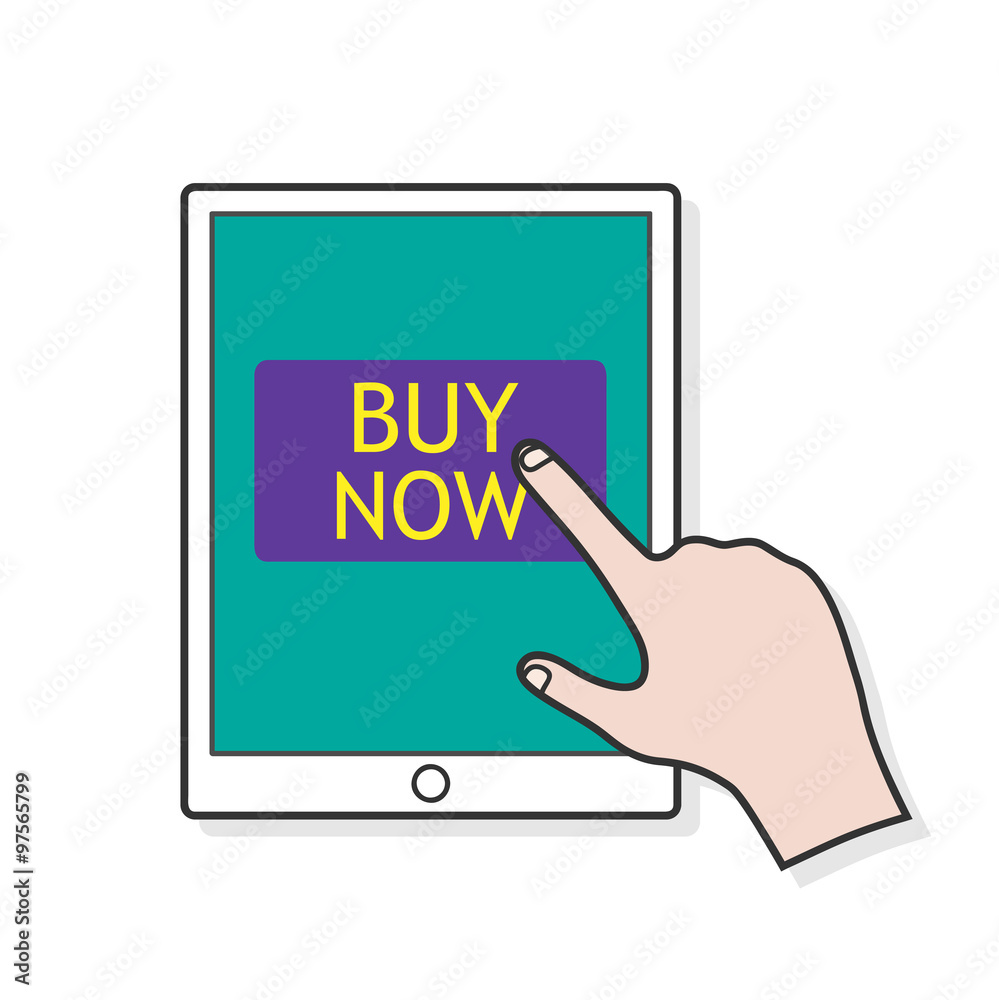 Online Shopping, a hand drawn vector illustration of a tablet and a hand about to click the buy button on an online shop service website (editable). Online Shopping, a hand drawn vector illustration of a tablet and a hand about to click the buy button on an online shop service website (editable).