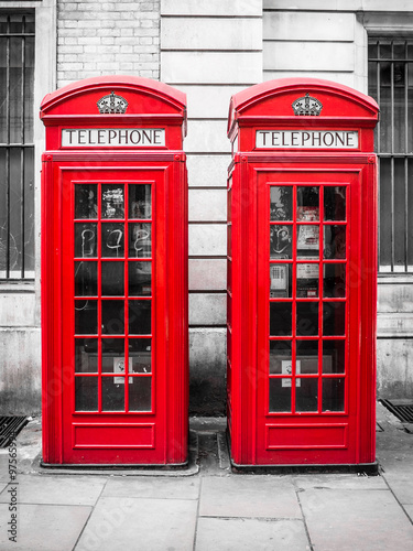 Traditional red telephone booths in London  England
