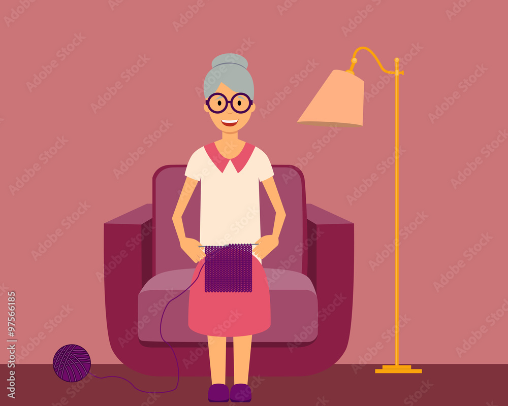 Happy grandmother knits sitting in armchair. Vector illustration flat Happy grandmother knits sitting in armchair. Vector illustration flat
