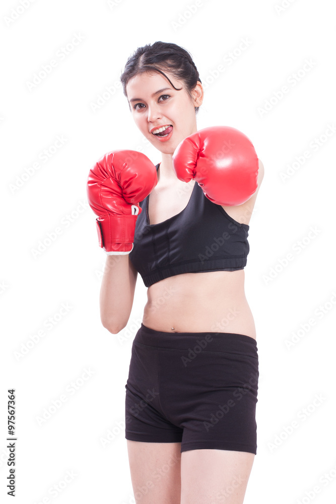 Boxer - fitness woman boxing wearing boxing gloves on white background. Boxer - fitness woman boxing wearing boxing gloves on white background.