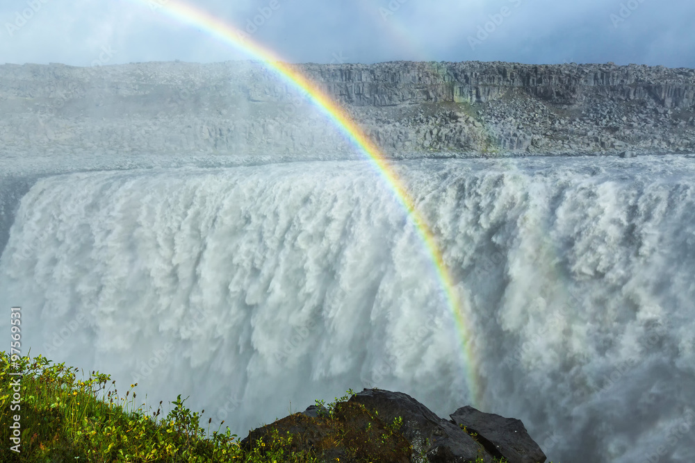 Fototapeta premium Huge Dettifoss waterfall with a double rainbow, Iceland