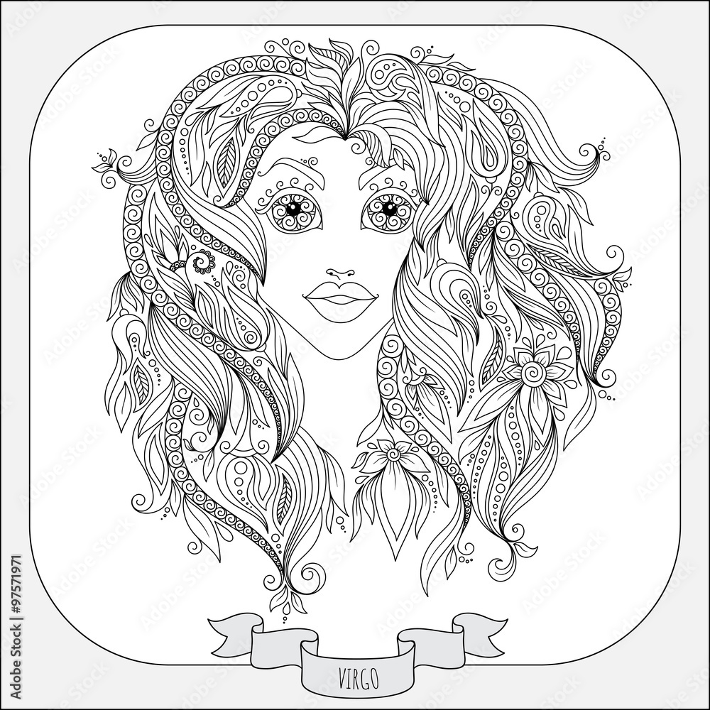 Fototapeta premium Hand drawn pattern for coloring book zodiac Virgo.