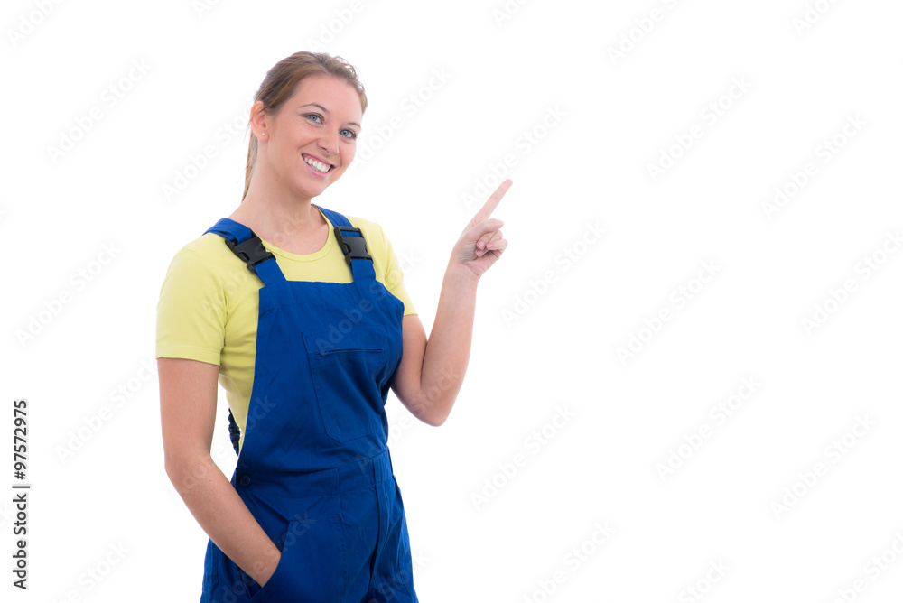auszubildende aus dem handwerk zeigt auf werbefläche auszubildende aus dem handwerk zeigt auf werbefläche