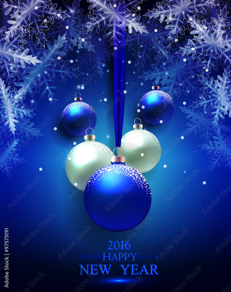 Holidays greeting card with fir snowflakes and balls.