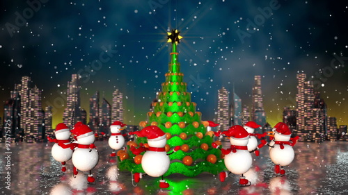 Snowmen skating round the christmas tree at skyline background.