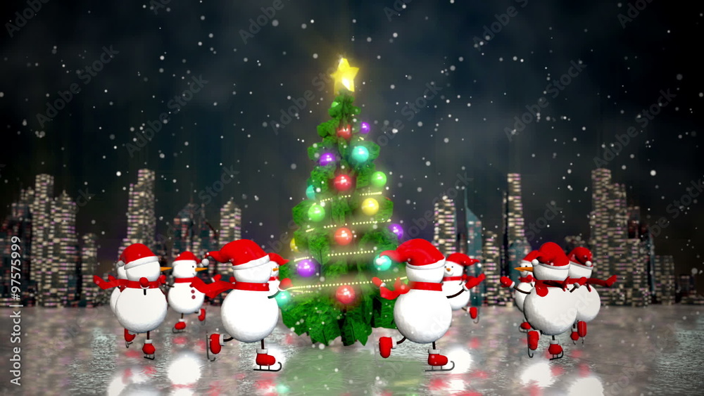 Snowmen skating round the christmas tree at skyline background. Loop animation.