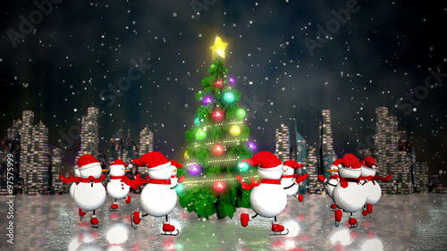 Snowmen skating round the christmas tree at skyline background. Loop animation.